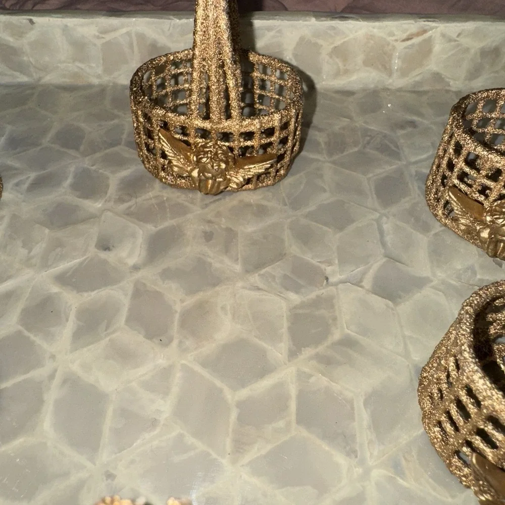 Gold Painted Napkin Ring Baskets With Cherub